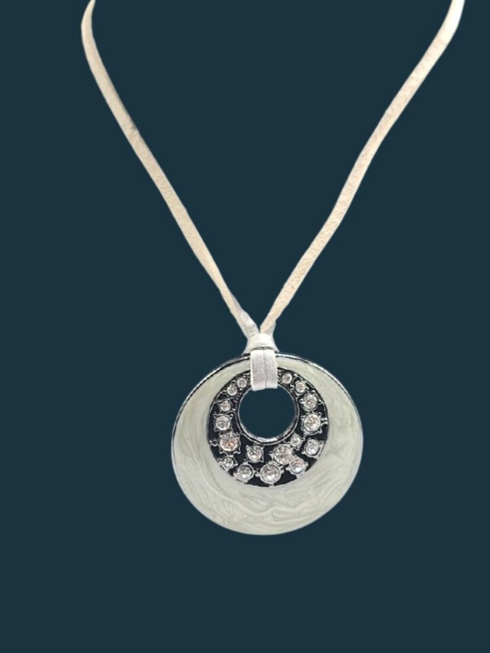 Lia Sophia Silver Lining Pendant Necklace Cream Enamel Rhinestone Cord Retired